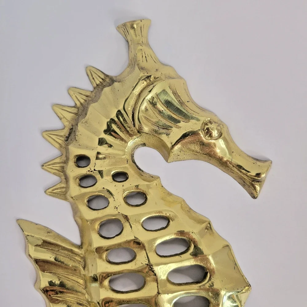 Vintage Solid Brass Sea Horse Wall Hangings Pair 14” & 12” Japan
